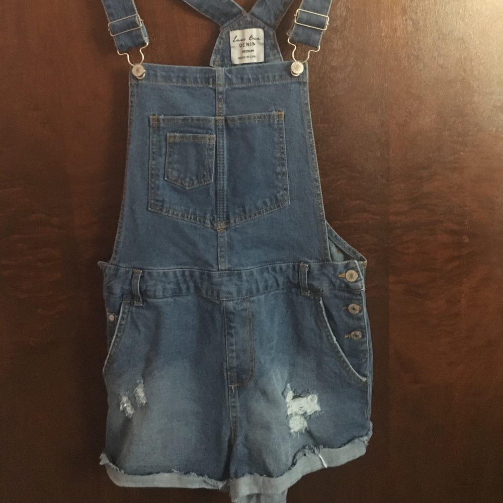 Denim ripped overall shorts